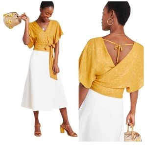 Anthropologie Current Air Blouse Tie Wrap V Neck Open Back Leopard Print Gold
